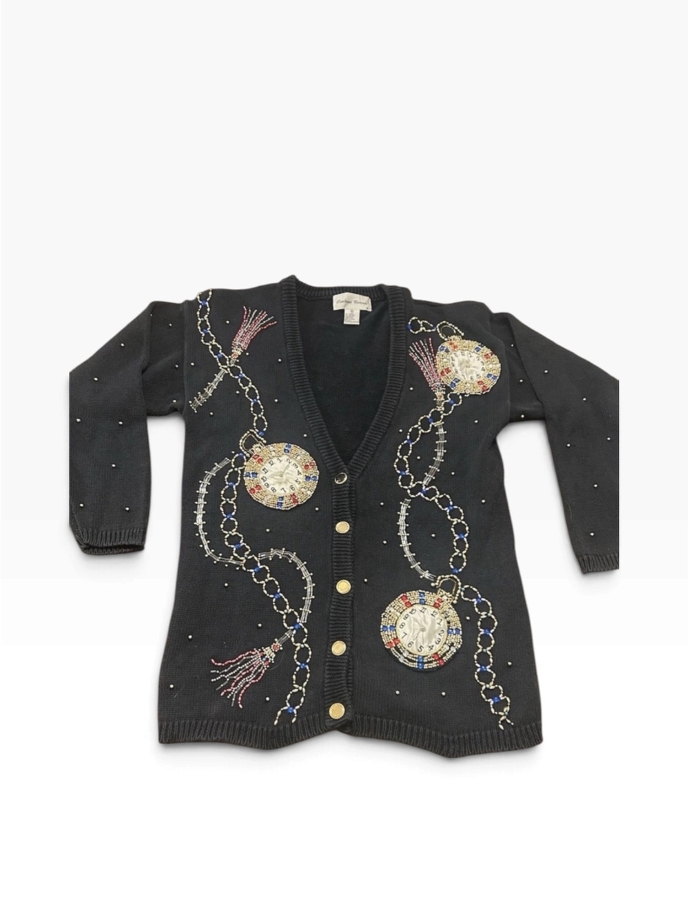 Black Jeweled Pocket Watch Statement Cardigan